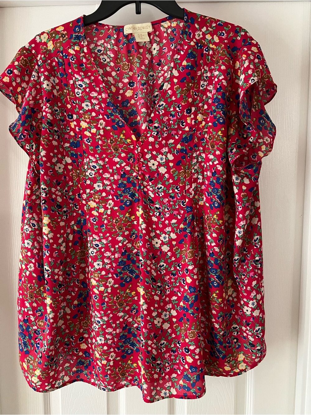 Cynthia Rowley Red Floral V-Neck Flutter Sleeve Blouse 1X